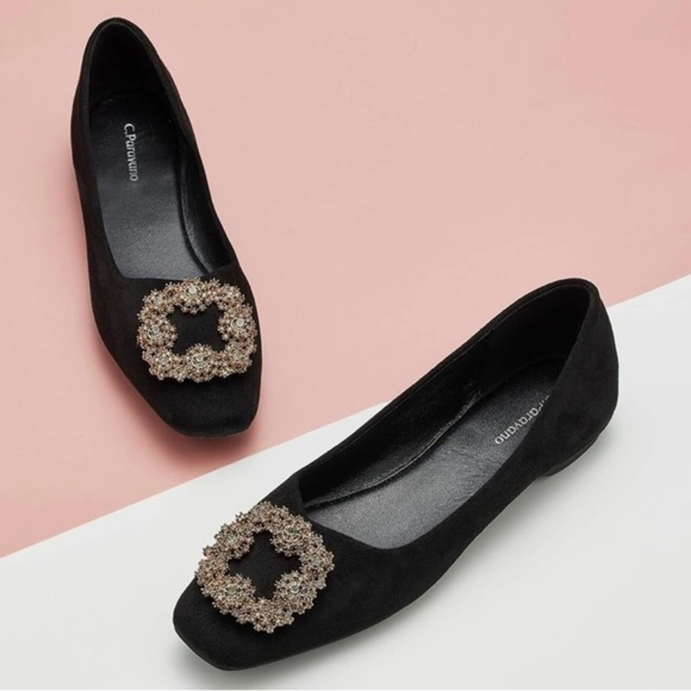 C. Paravano Black Suede Flats EU 40 – Swarovski Rhinestone Buckle, Ballet Flats